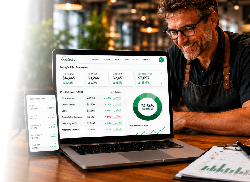 Restaurant owner reviewing FobeSoft dashboard on laptop and phone